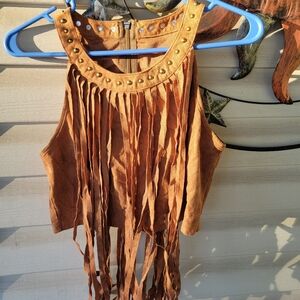 Western country moleskin crop top zipper back tassels grommets Medium